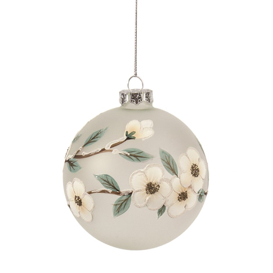 Ornament - Glass Ball Pale Green with Dogwood Flowers