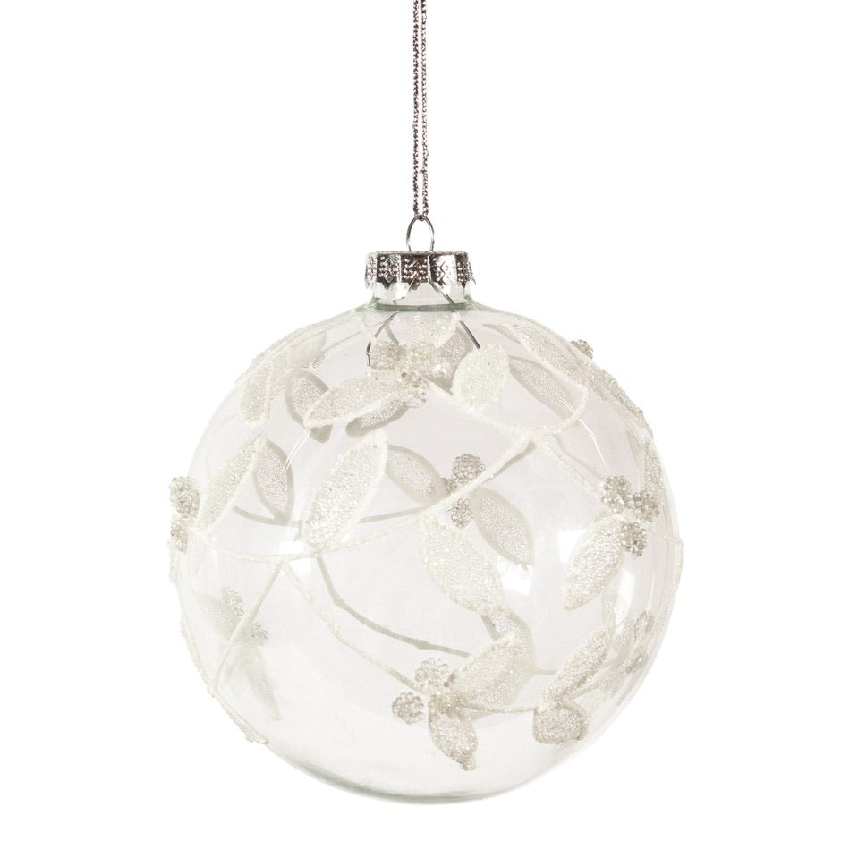 Ornament - Glass Ball Clear with White Leaves