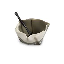 Pottery Multi-purpose Dish in Grey & White w/ Rosewood Spoon